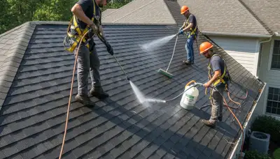 Roof cleaning service in Aurora, CO removing algae and debris from a residential roof