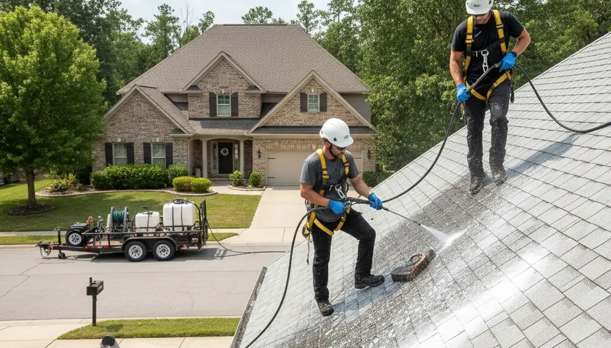 Roof cleaning service in Aurora, CO removing algae and debris from a residential roof