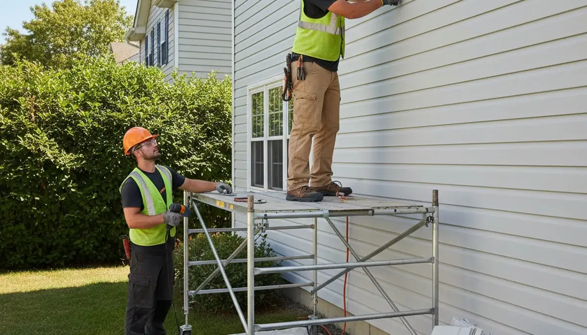 Vinyl siding repair crew fixing storm damage on a home in Aurora, CO